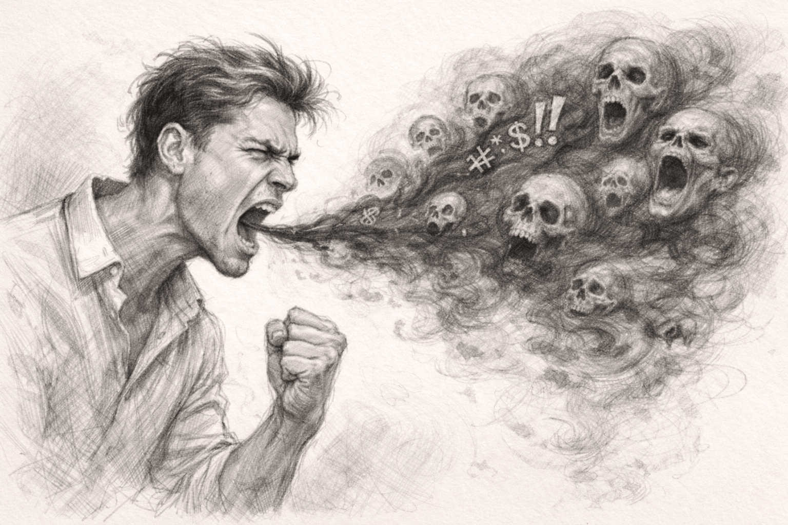 illustration of a man yelling with smog and skulls coming out of his mouth to illustrate the toxic need to vent and complain.